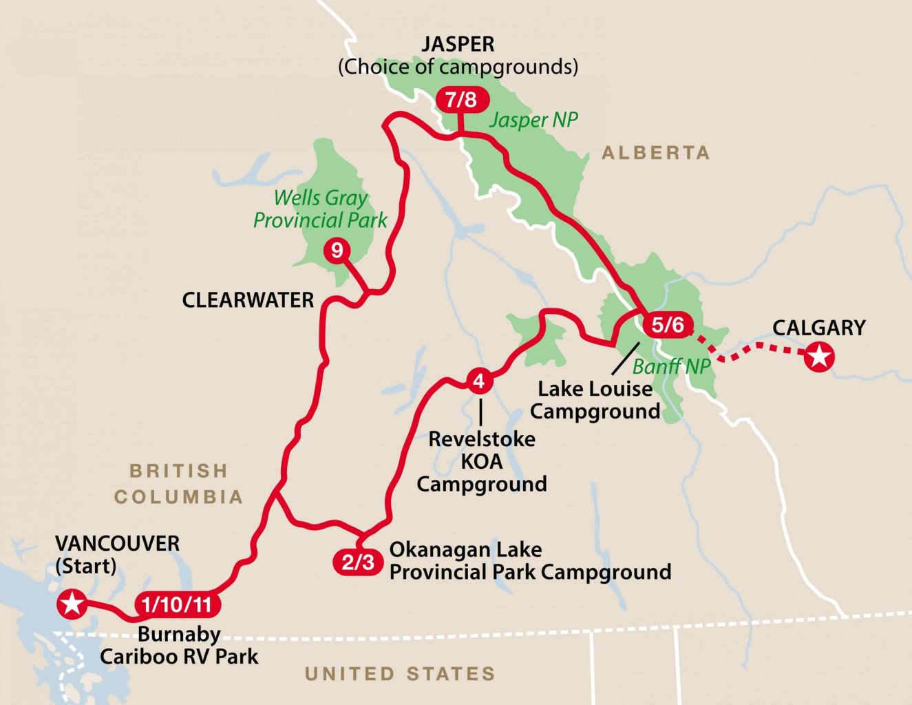 Det vestlige Canada i autocamer - Ruten på kort