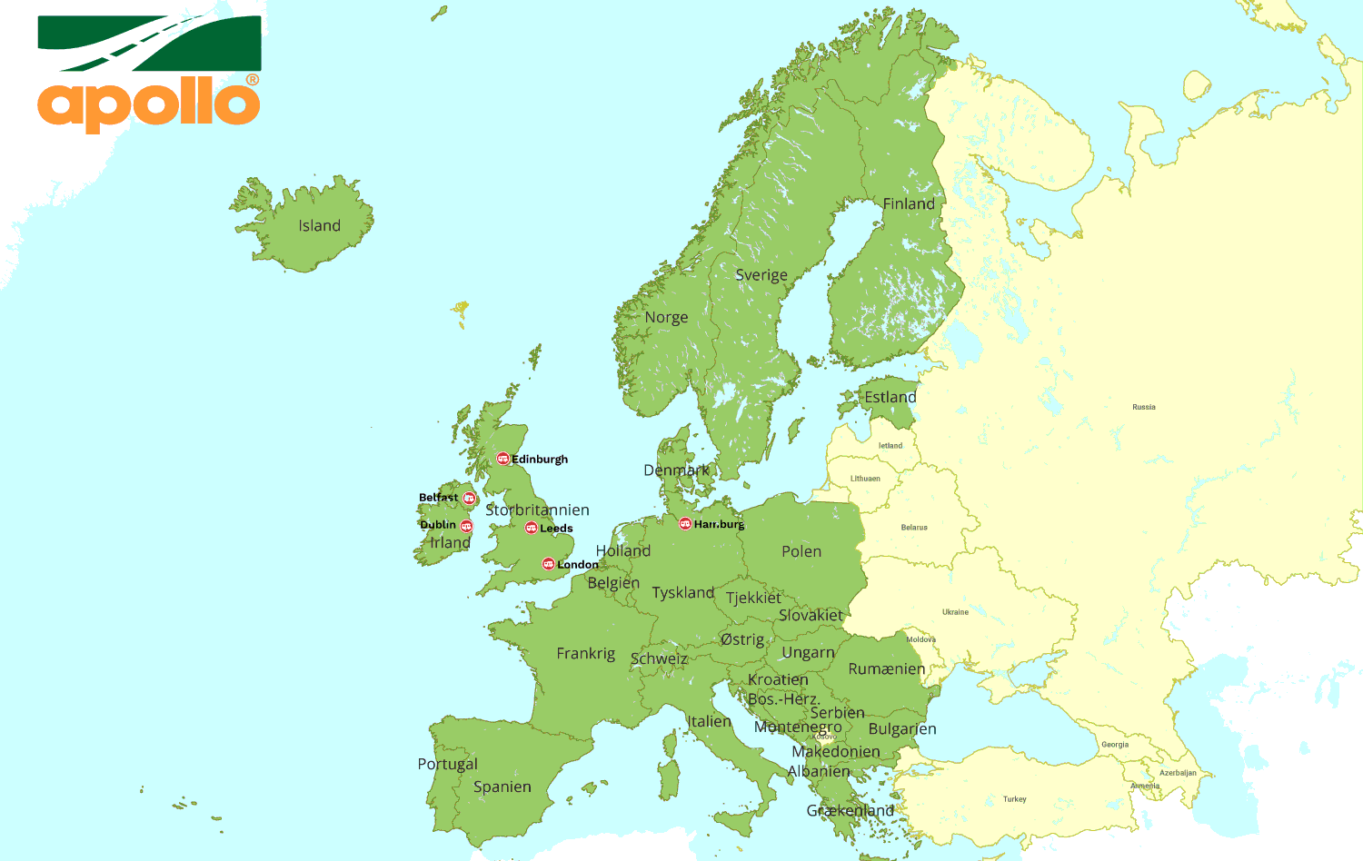Apollo stationer i Europa og godkendte områder for færdsel