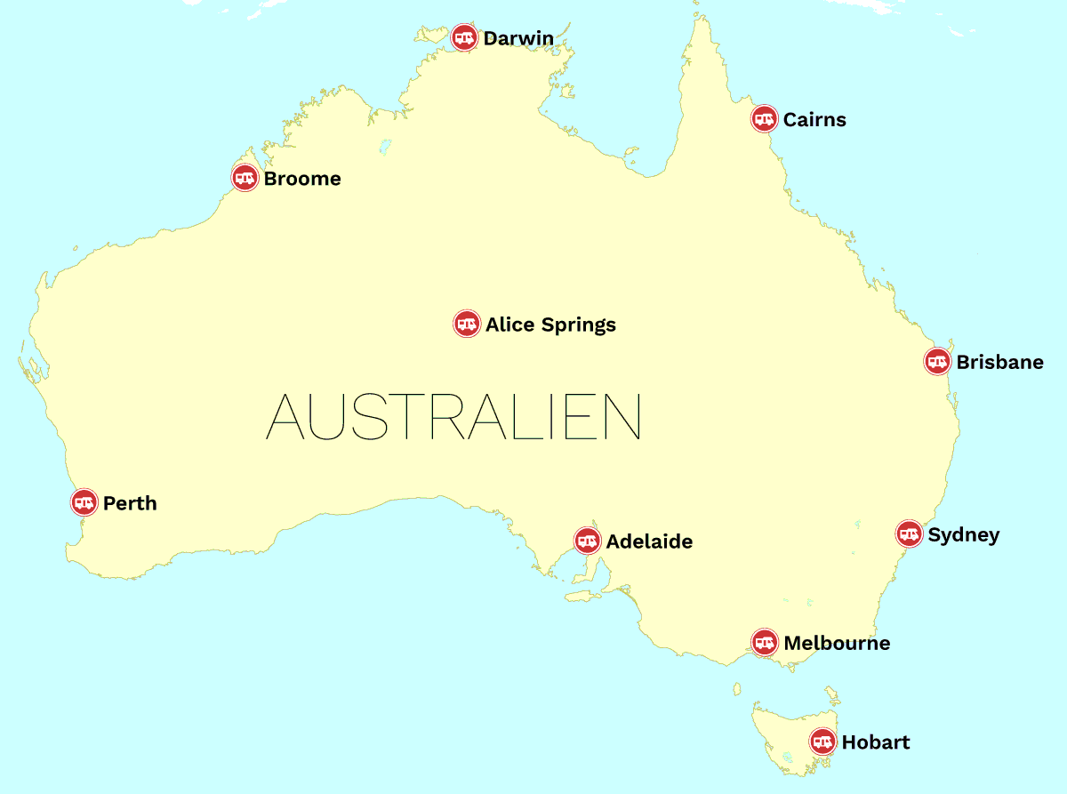 Australien kort med alle autocamper stationer