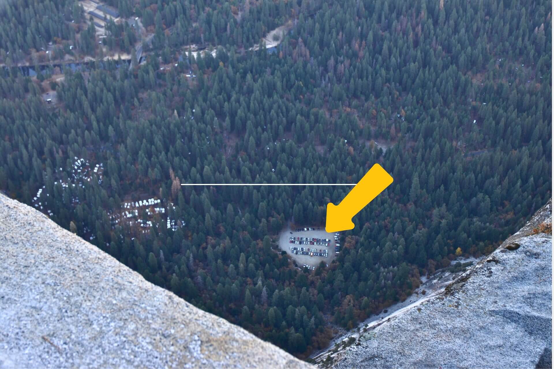 Den lille autocamper holder fint parkeret i bunden af Yosemite Valley – langt langt – og stort set lodret – under os.